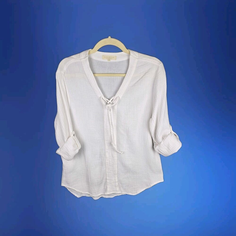 Side Stitch LA Cover Up Women M White Cotton Roll Tab Sleeves Lace Up V-Neck